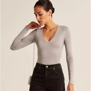 Abercrombie & Fitch Silver Shimmer Sparkle V-neck Long Sleeve Bodysuit Medium